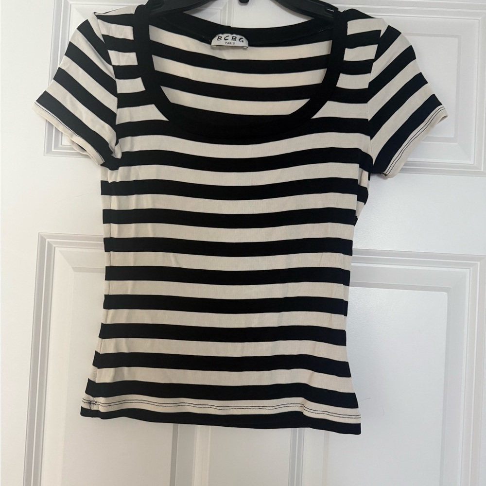 BCBG Black and Cream Striped Short Sleeve Top